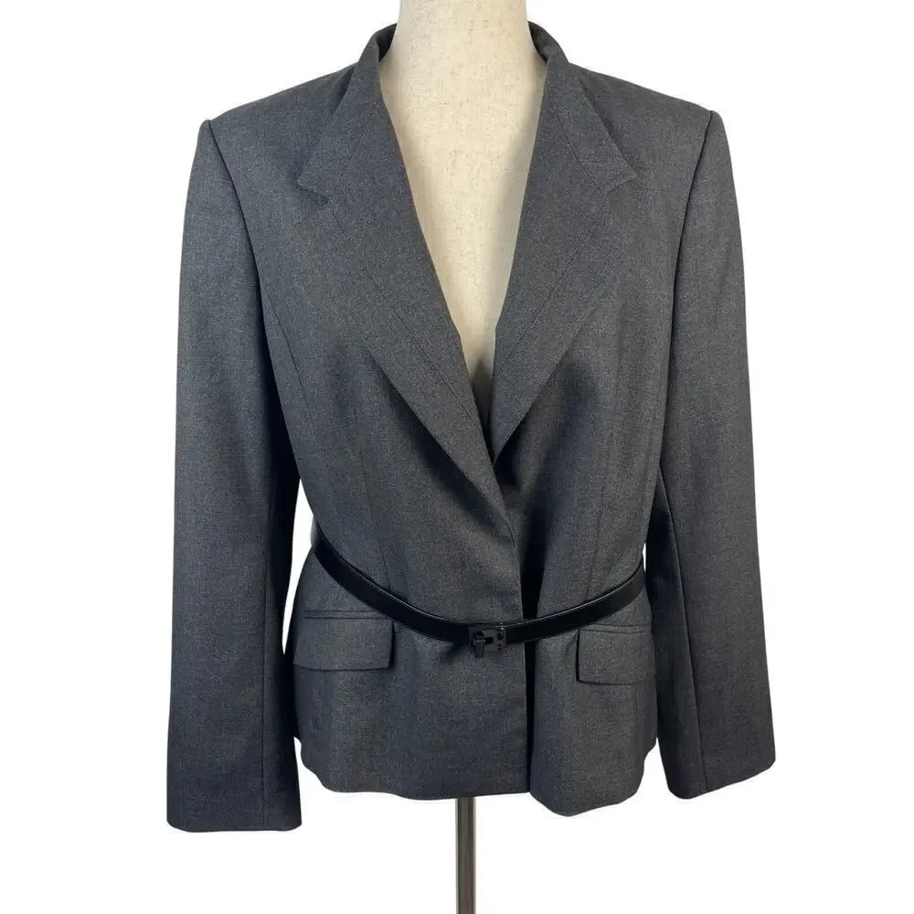 CALVIN KLEIN Gray Single Breasted Black Belt Blazer Jacket Career Women's 14